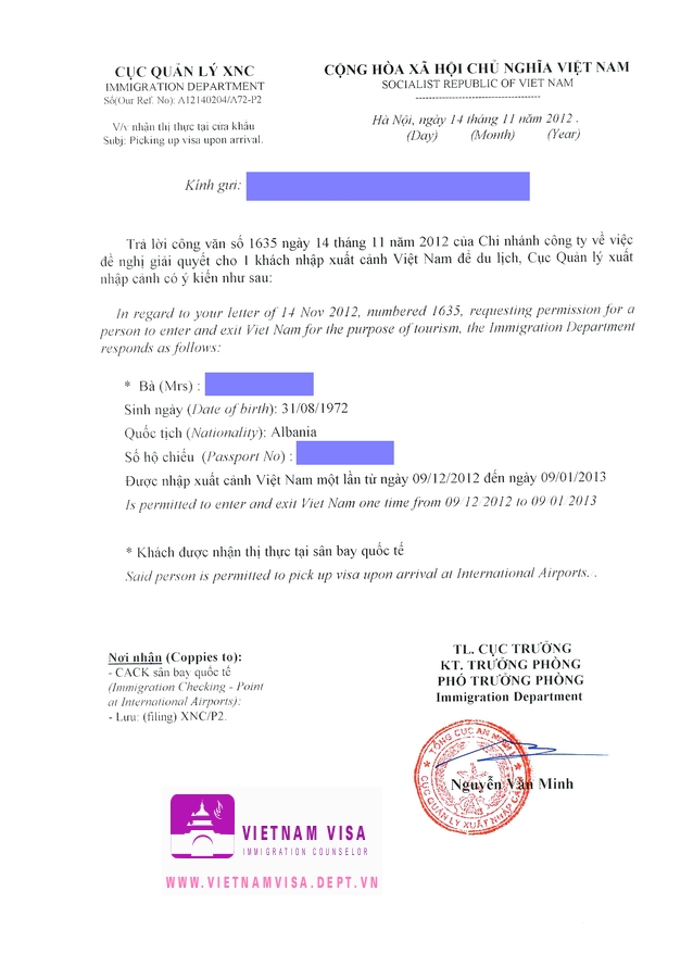 Visa approval letter for Albanian sample