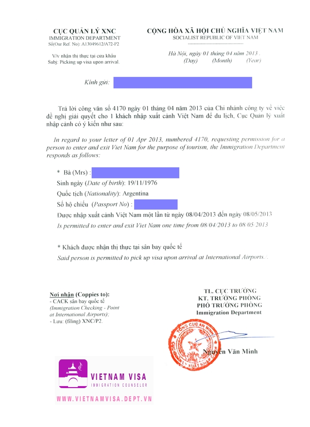 Visa approval letter for Argentine sample