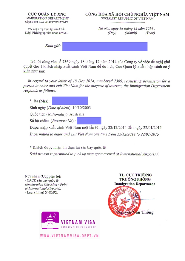 Visa approval letter for Australian sample