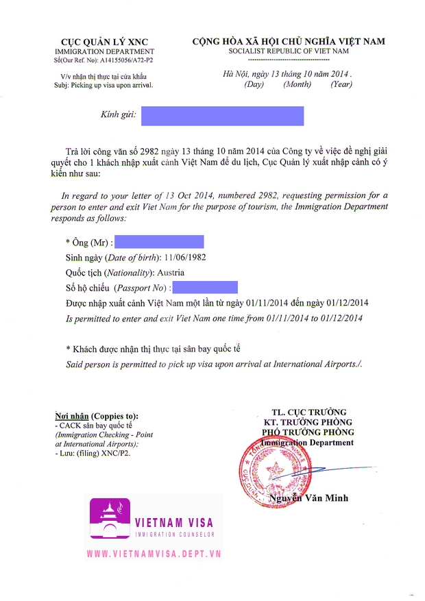 Visa approval letter for Austrian sample