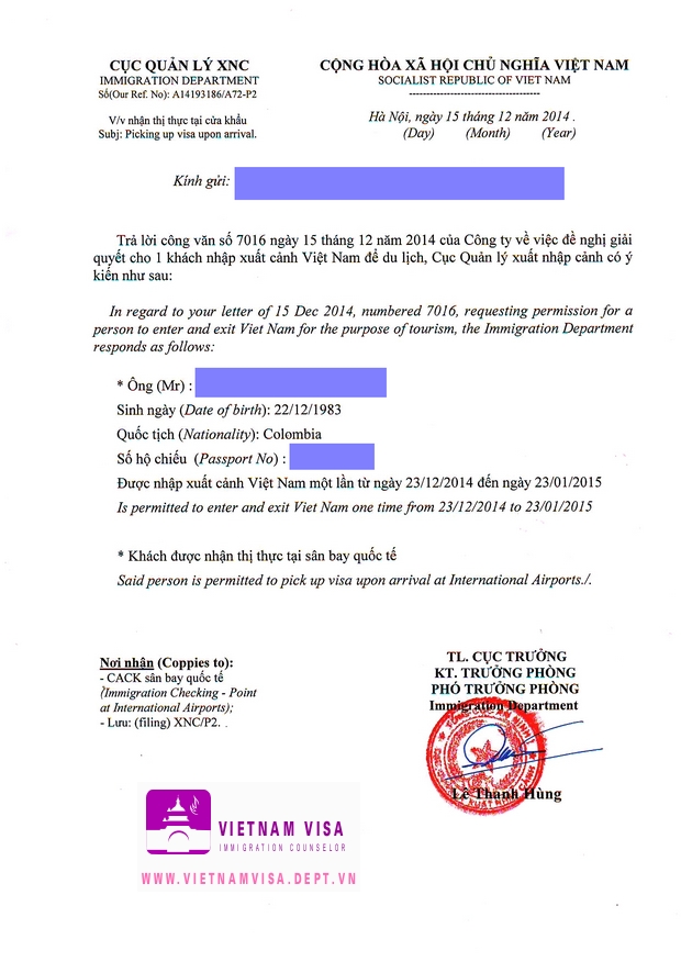 Visa approval letter for Colombian sample