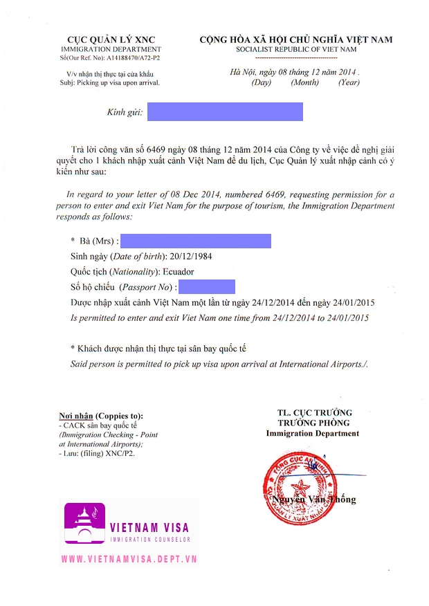 Visa approval letter for Ecuadorian sample
