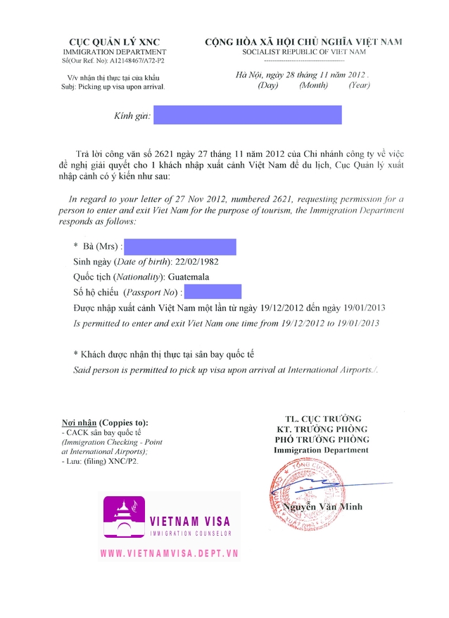 Visa approval letter for Guatemalan sample