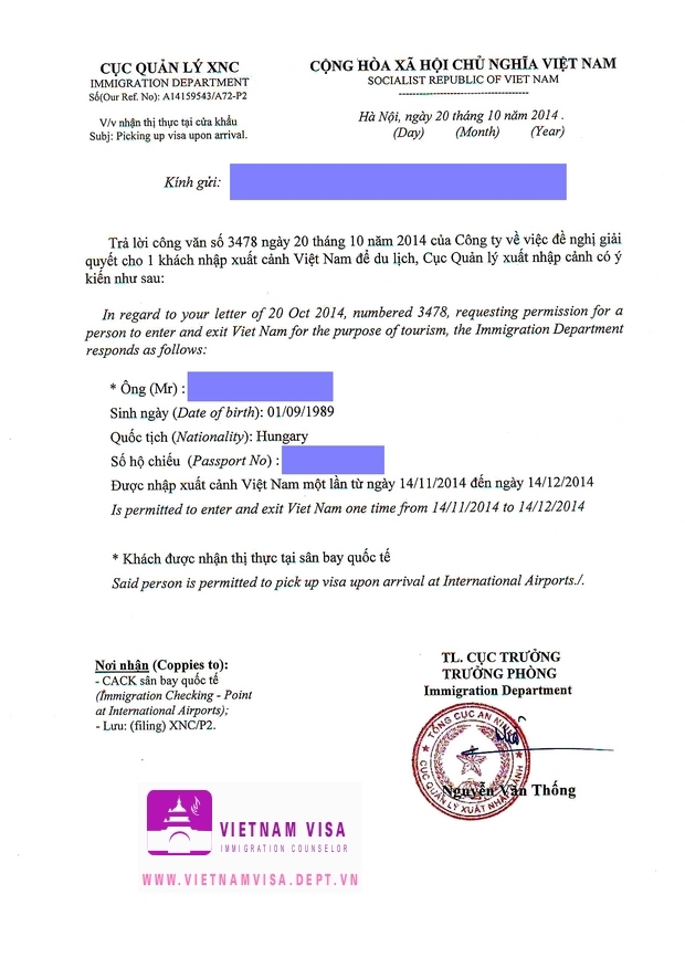 Visa approval letter for Hungarian sample