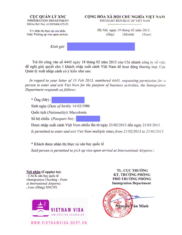Visa approval letter for Macedonian sample