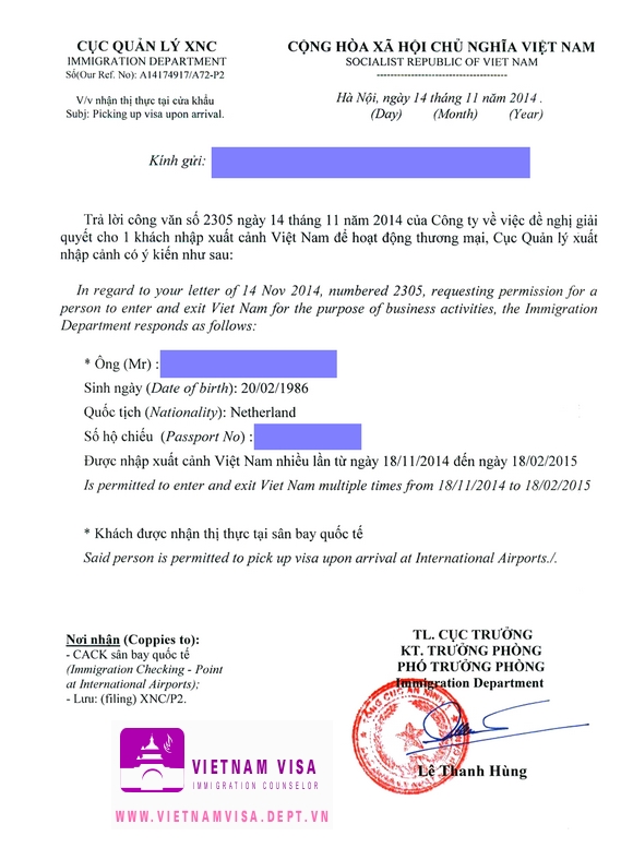 Visa approval letter for Dutch sample