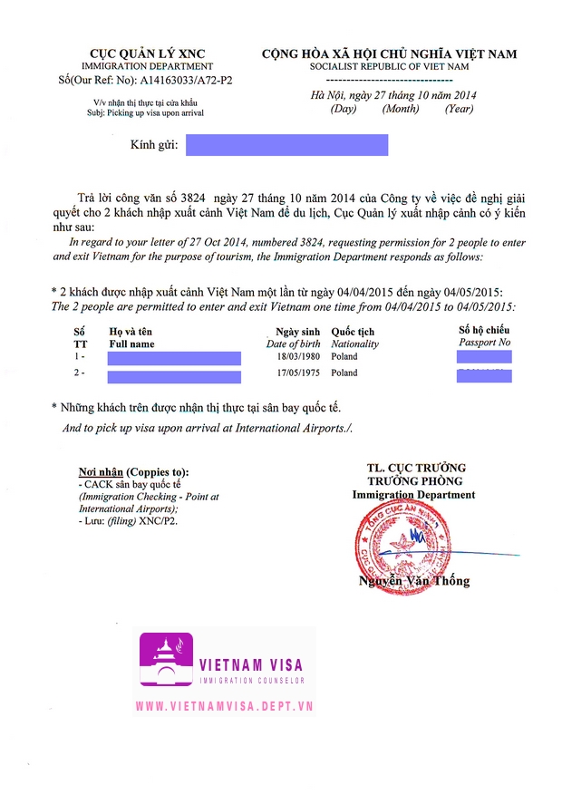 Visa approval letter for Polish sample