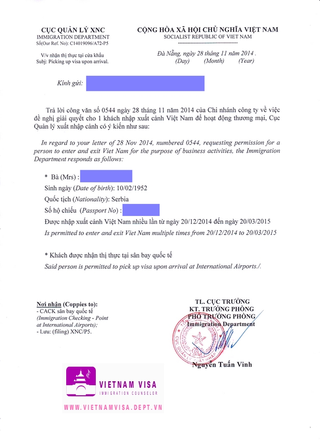 Visa approval letter for Serbian sample