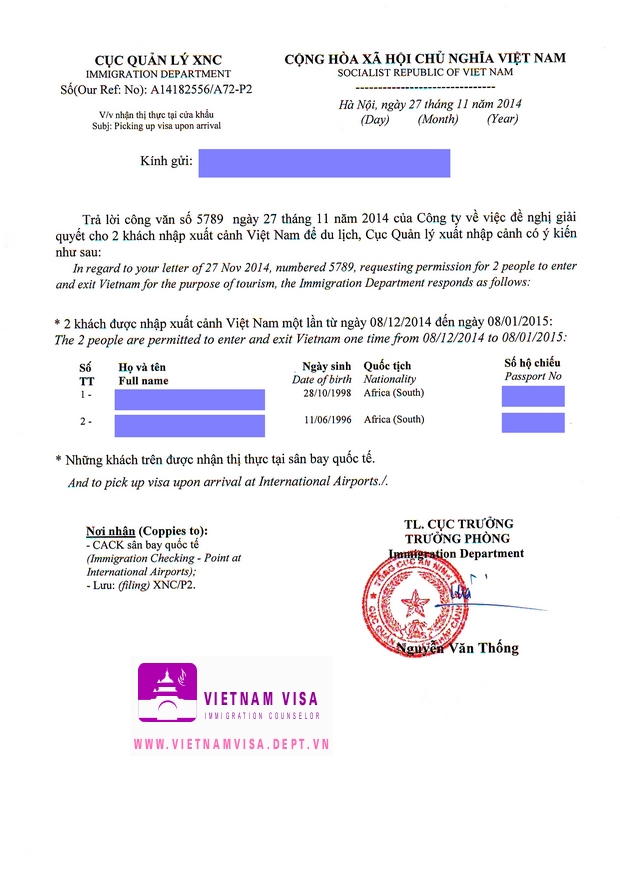 Visa approval letter for South African sample