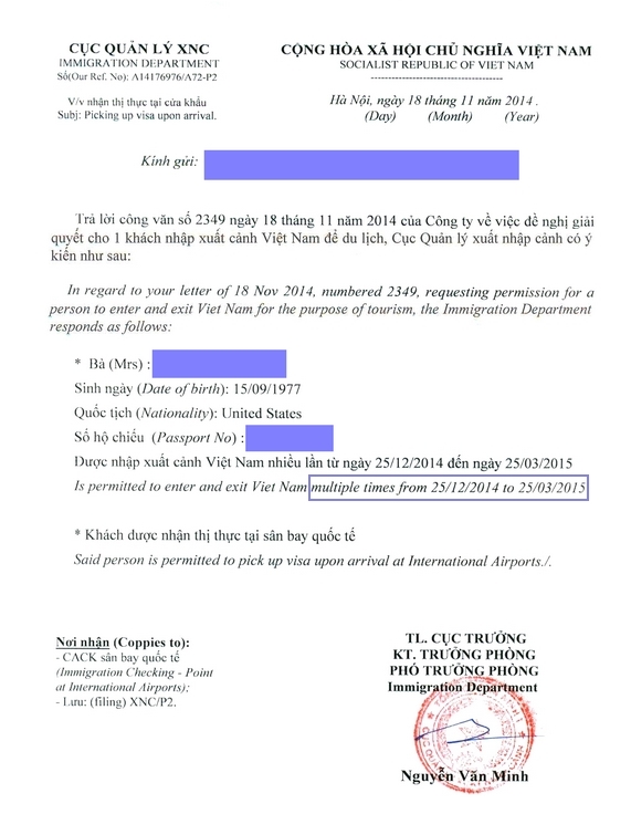 3 month multiple entry Vietnam visa IPA letter
