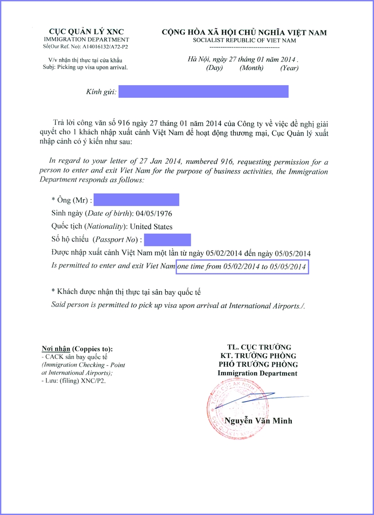 3 months single entry Vietnam visa IPA letter